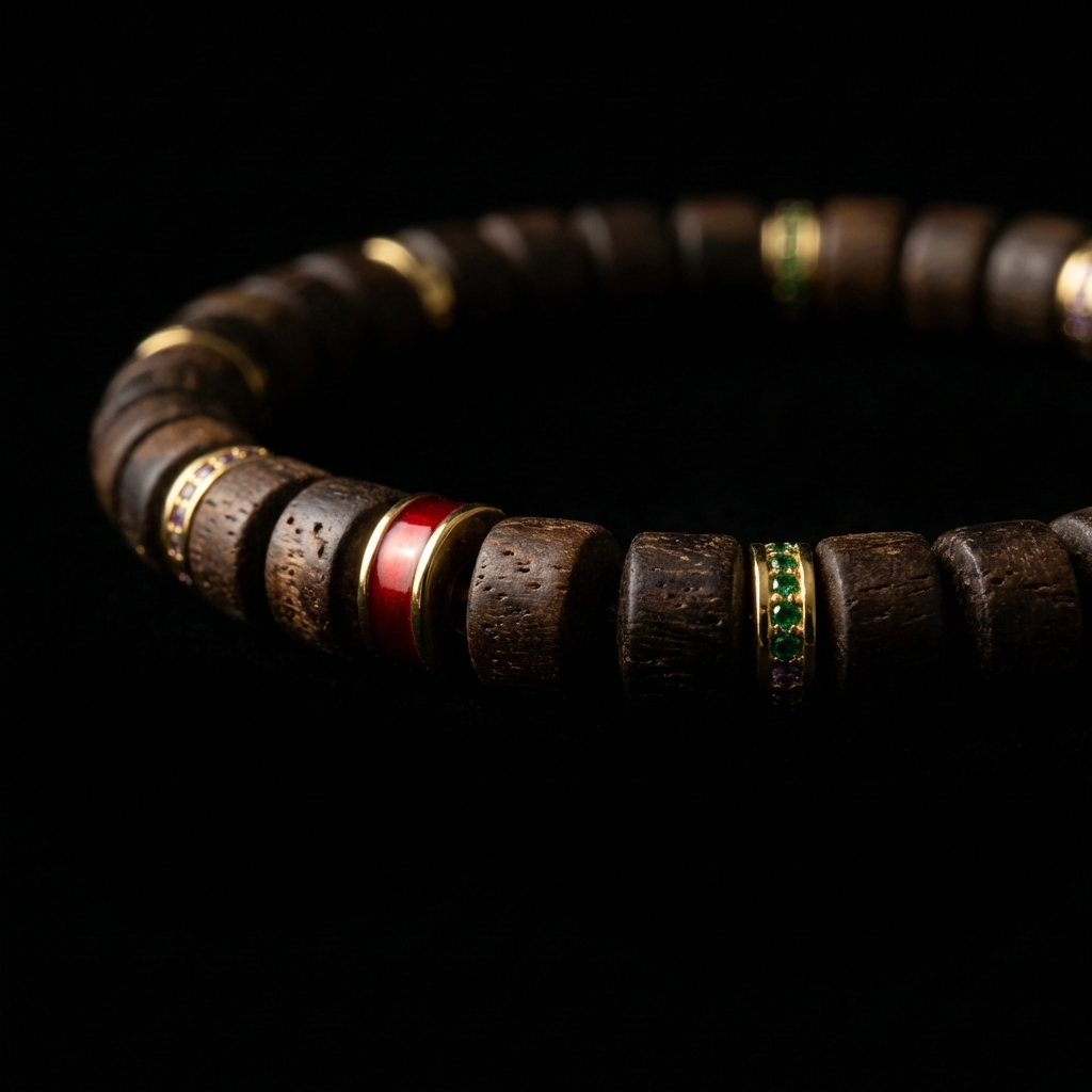 Close-up of the Vital Spark Huanghuali wood grounding bracelet, showcasing the deep wood grain and the bold red focal node on a dark background.