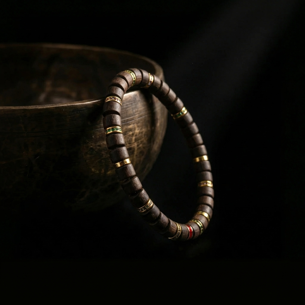 Huanghuali wood focus bracelet resting on a rustic dark bowl, highlighting the natural porous texture and vibrant metallic accents.