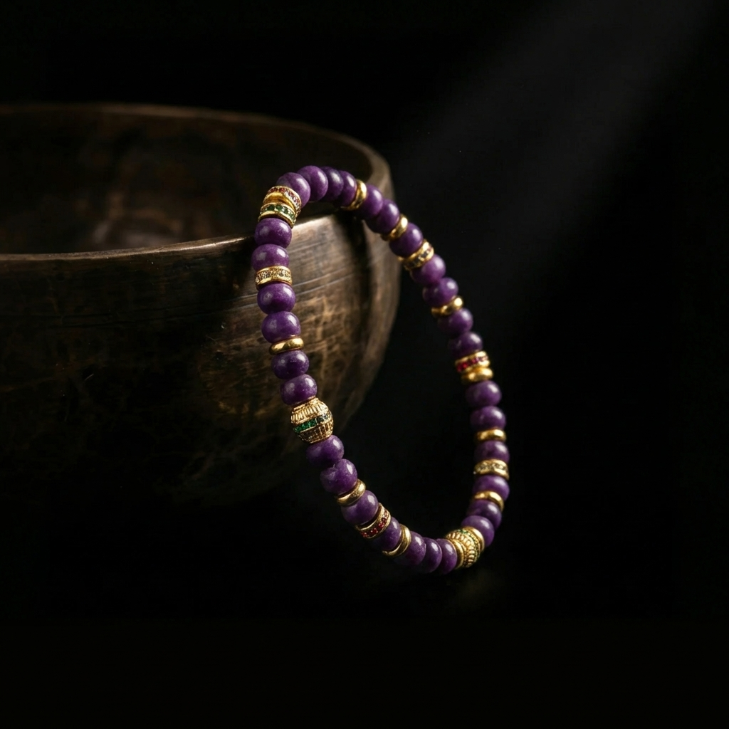 The Vivid Pulse Sugilite grounding bracelet resting beside an antique brass bowl, highlighting the ribbed texture of the rare violet stones in soft, dramatic lighting.