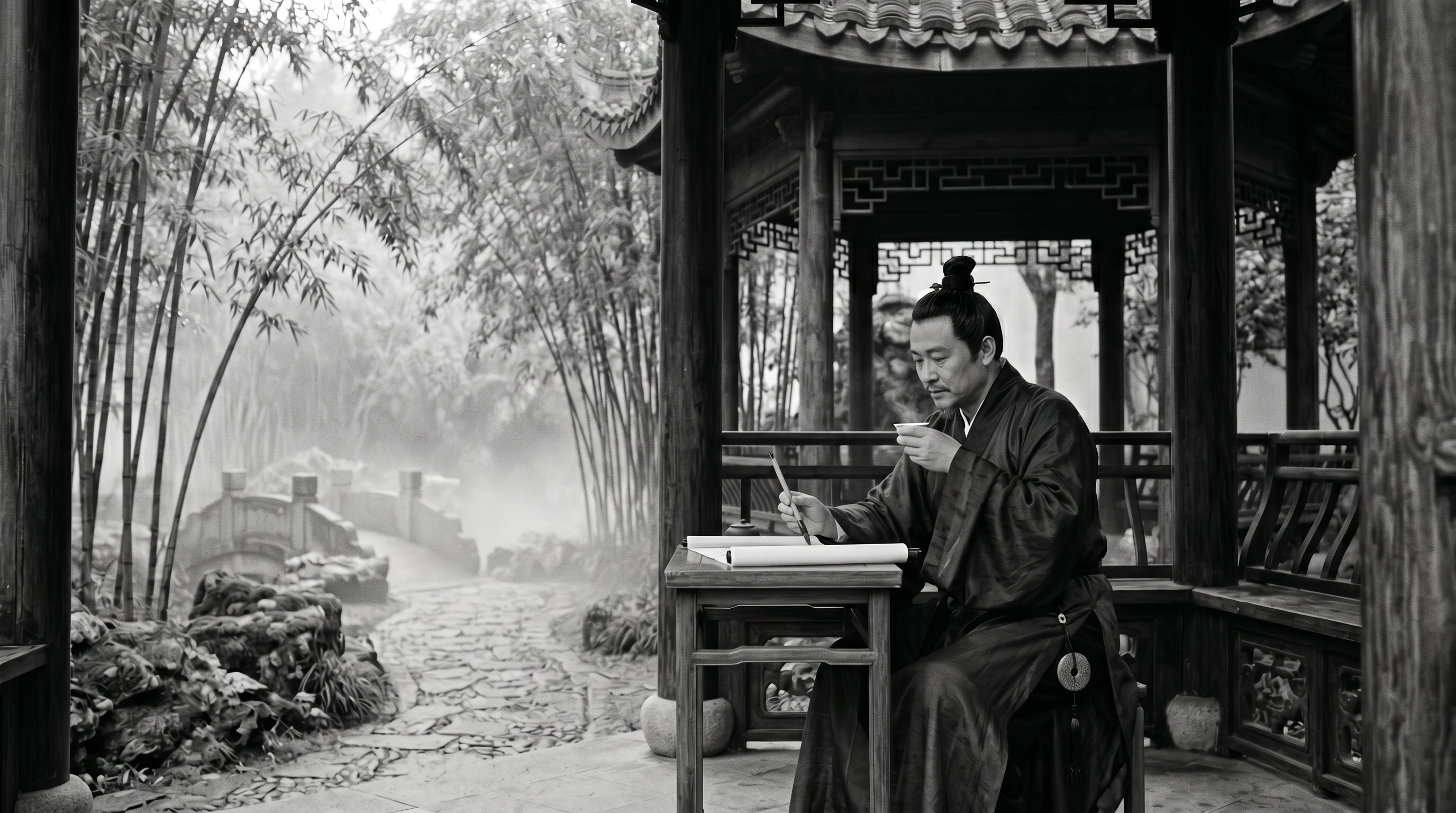 An ancient Chinese scholar walking in a serene bamboo courtyard, wearing a perfectly smooth, circular natural jade pendant to maintain absolute composure.