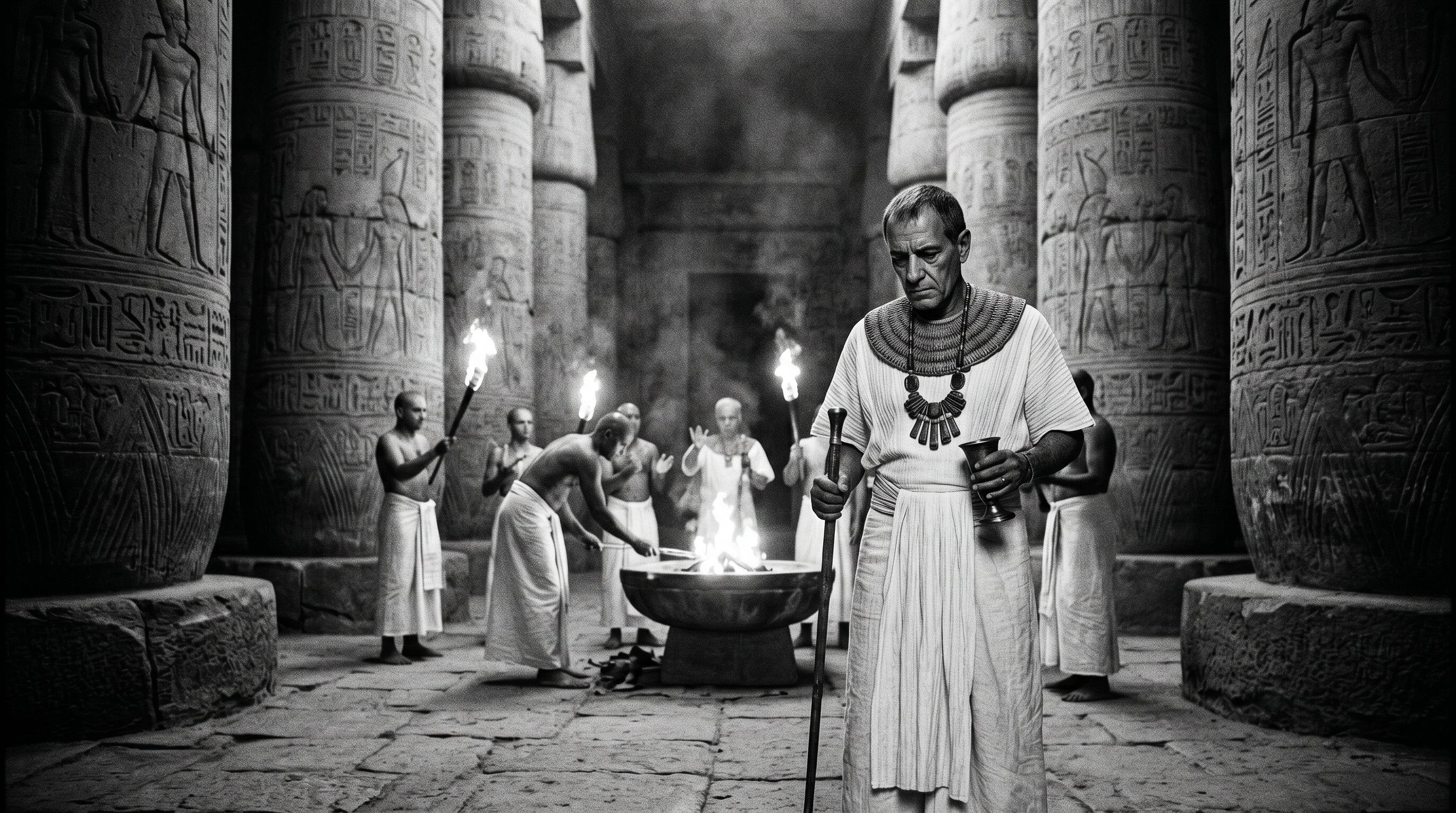 An ancient Egyptian high priest inside a stone temple, wearing a heavy and smoothly polished natural carnelian amulet as a tactile grounding stone for absolute focus.