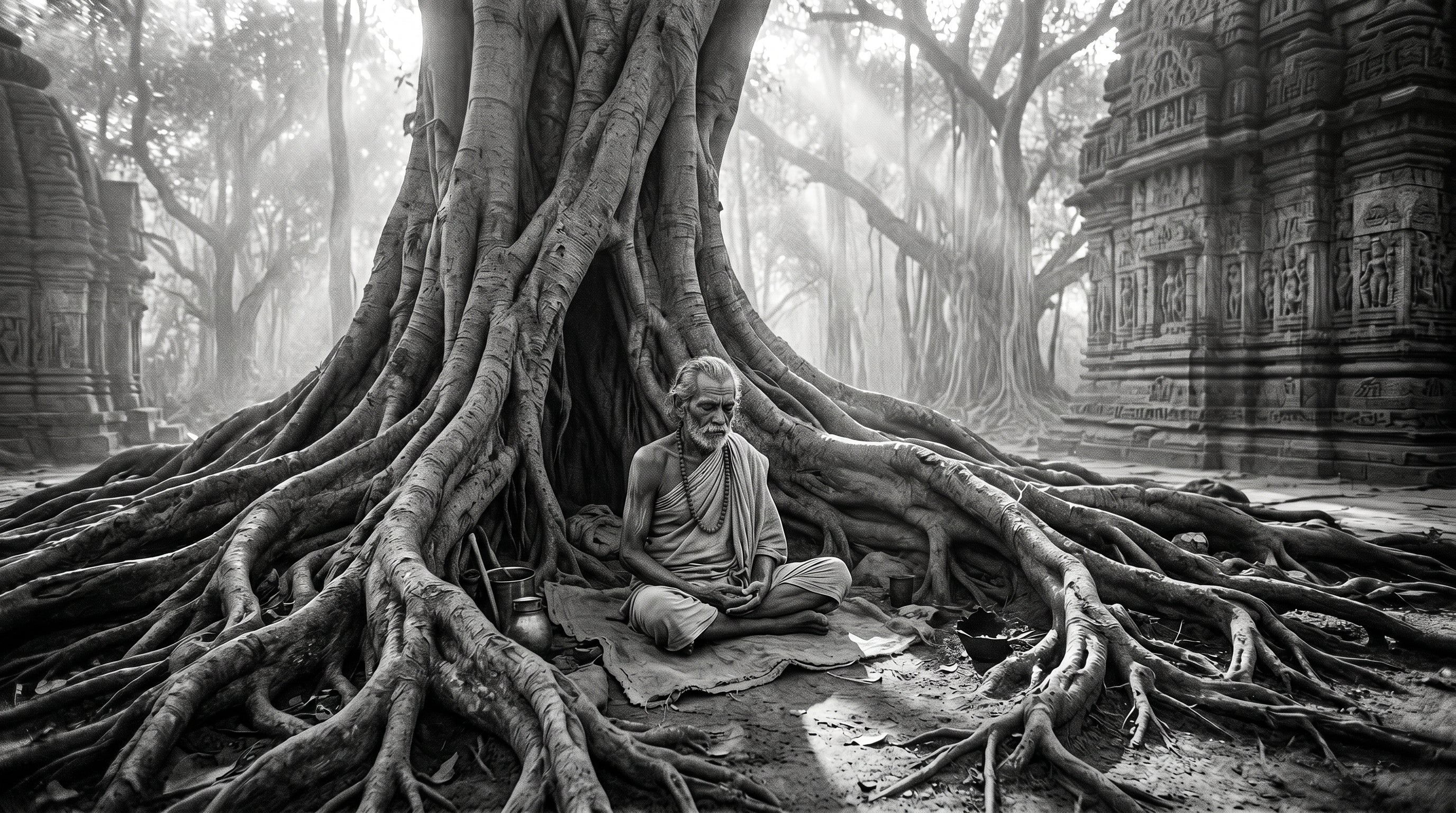 An ancient Indian ascetic meditating beneath a massive Banyan tree, wearing heavy strands of textured natural sandalwood beads as a tactile sensory anchor.