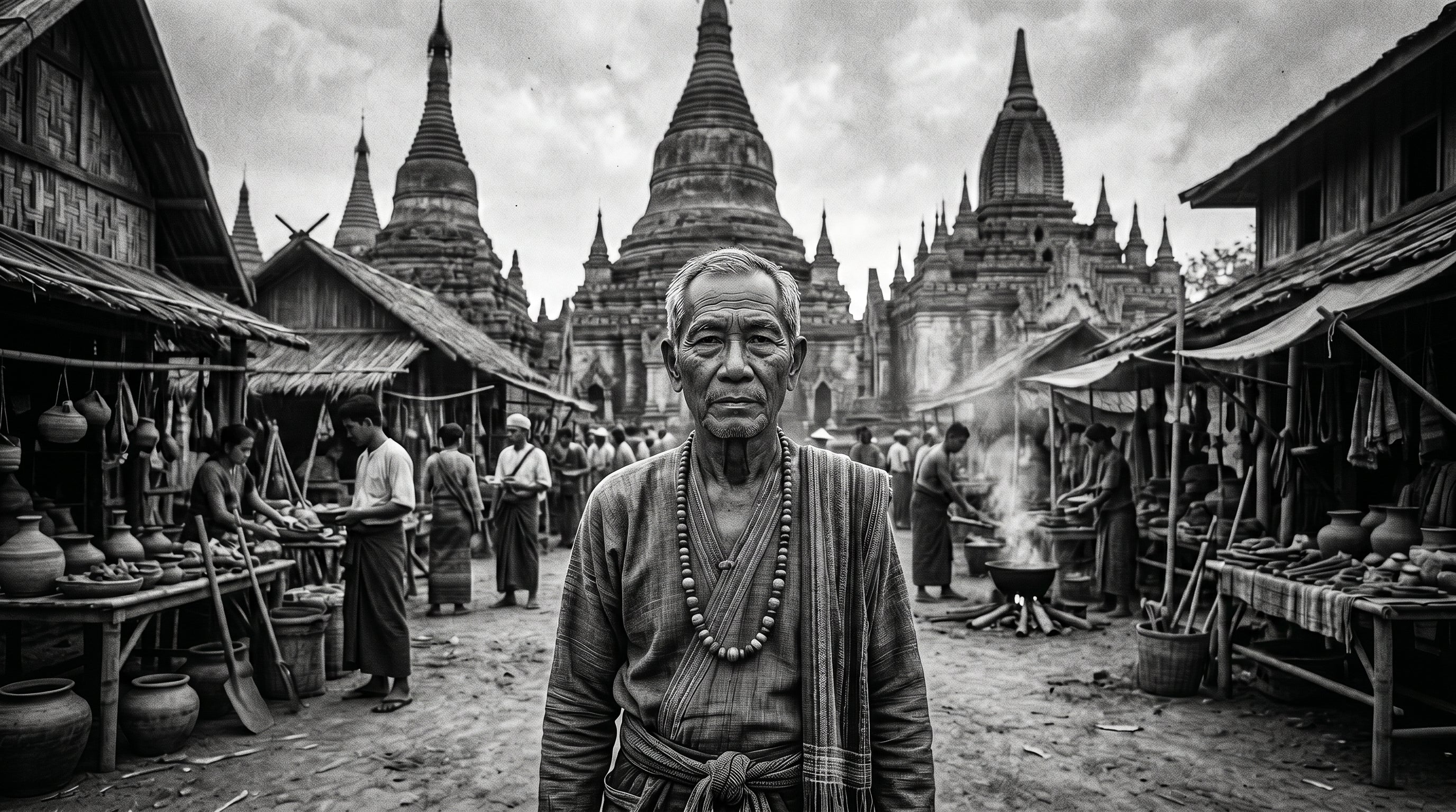 An ancient Pyu civilization elder standing near weathered brick ruins, wearing a heavy, striped Pumtek bead meticulously carved from petrified wood.