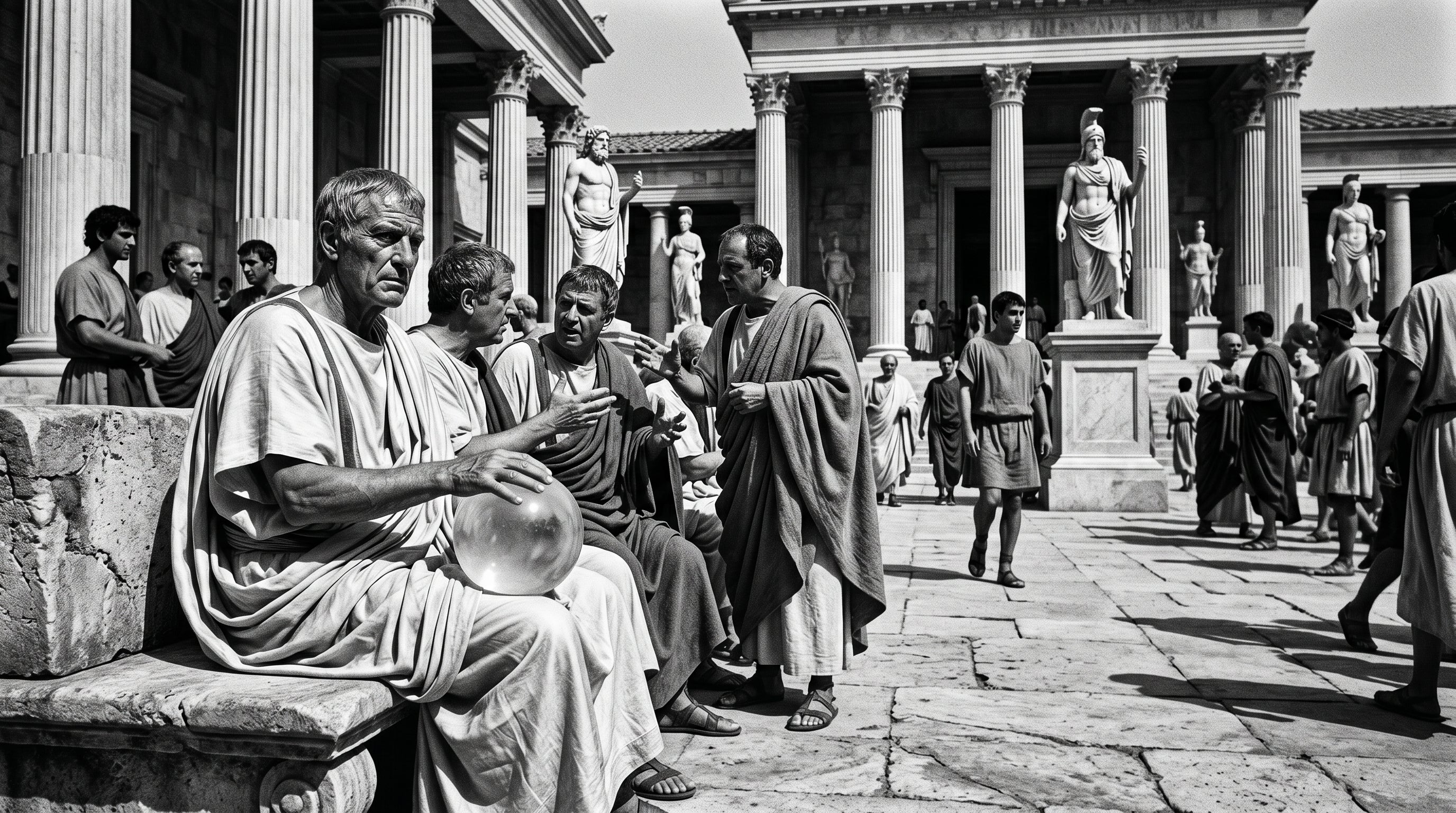 An ancient Roman patrician resting a flawlessly smooth natural clear crystal sphere in his hands, utilizing the stone's naturally cooling touch to maintain clarity in a bustling courtyard.
