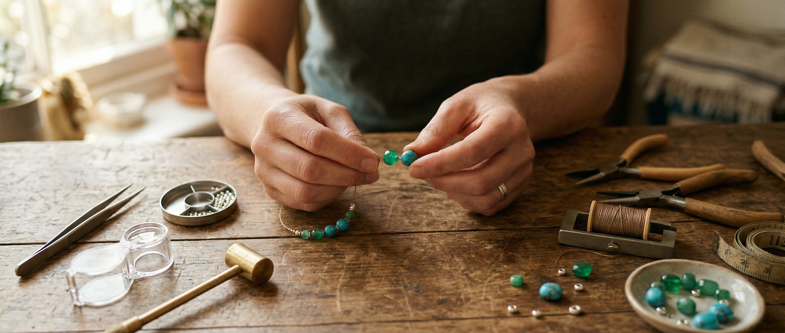 Close-up of an artisan handcrafting a turquoise grounding bracelet on a rustic wooden workbench. The maker's hands are threading polished natural stones, surrounded by precision jewelry tools, showcasing the physical craftsmanship required to build a reliable somatic anchor.