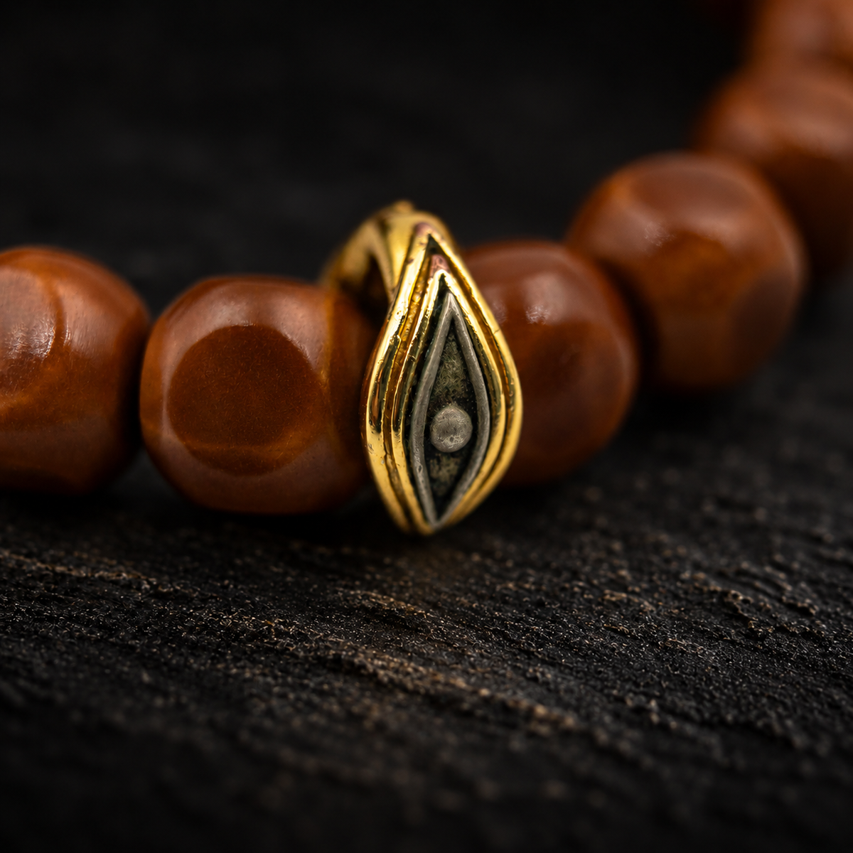BAI ZE Walnut Wood Bracelet – close-up detail on black slate background