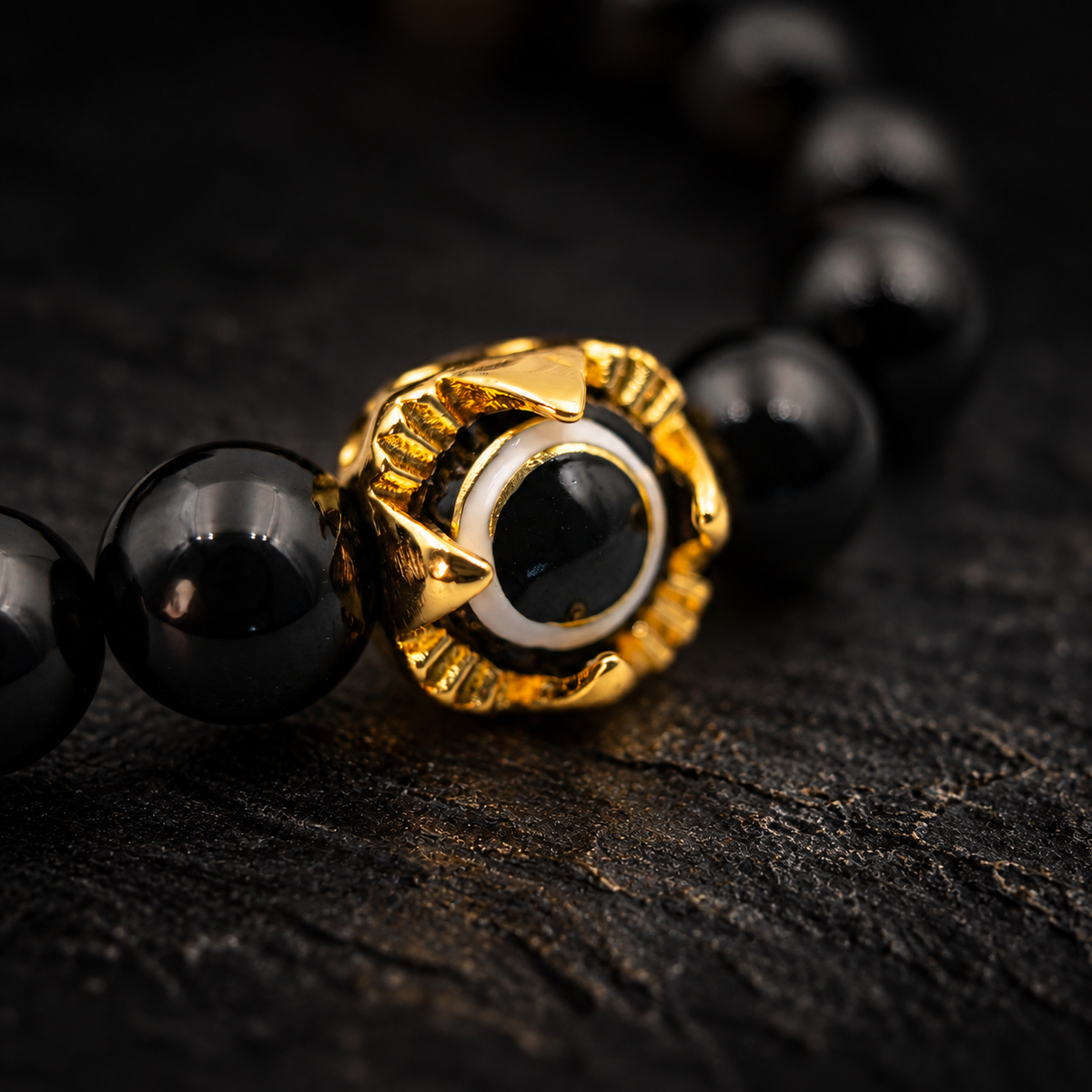 BO Black Obsidian Bracelet – close-up detail on black slate background