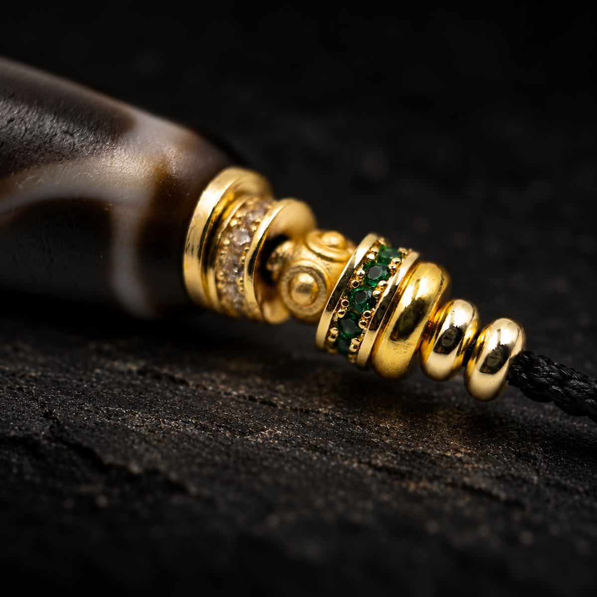 CHONGMING Dzi Agate Necklace – close-up detail on black slate background