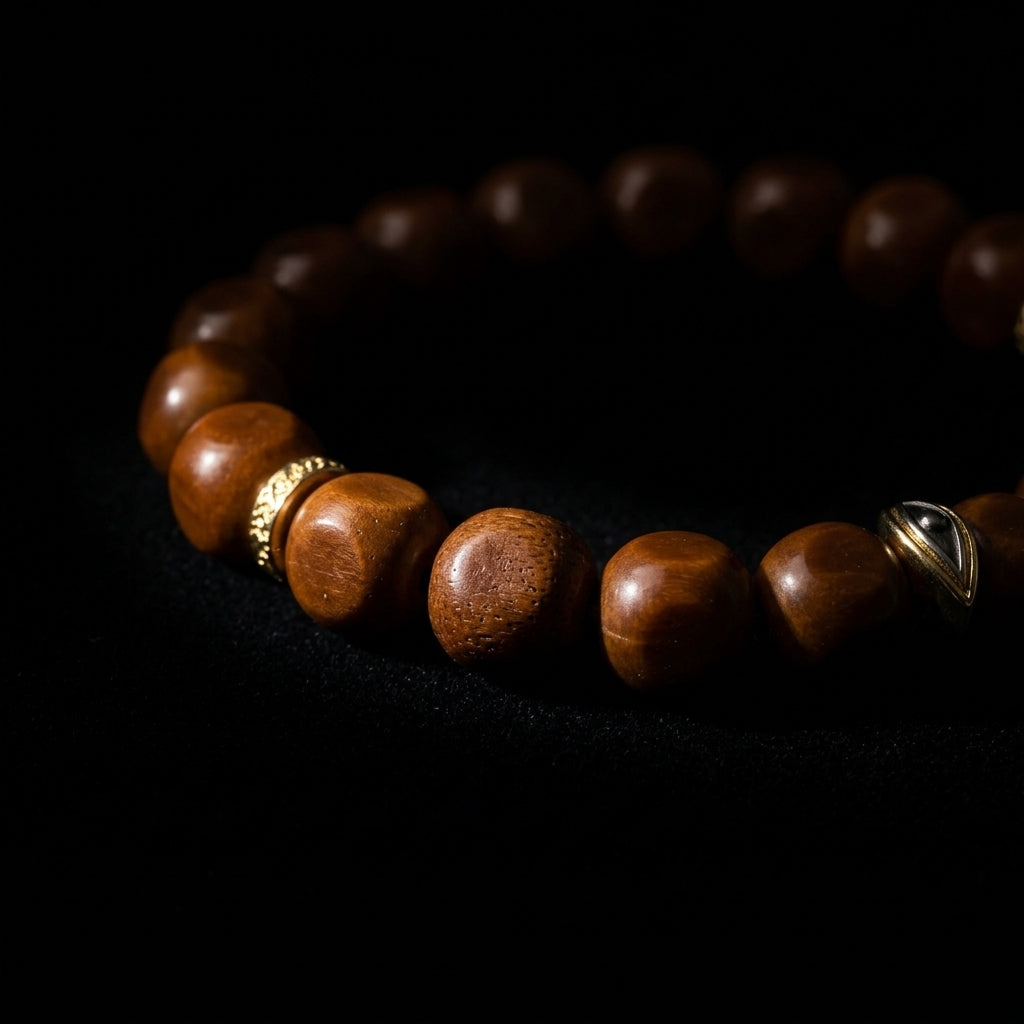 Close-up of the Walnut Wood focus bracelet, featuring 10mm organic wooden beads with natural grain, 18K gold-plated spacers, and a visionary sentinel focal node.