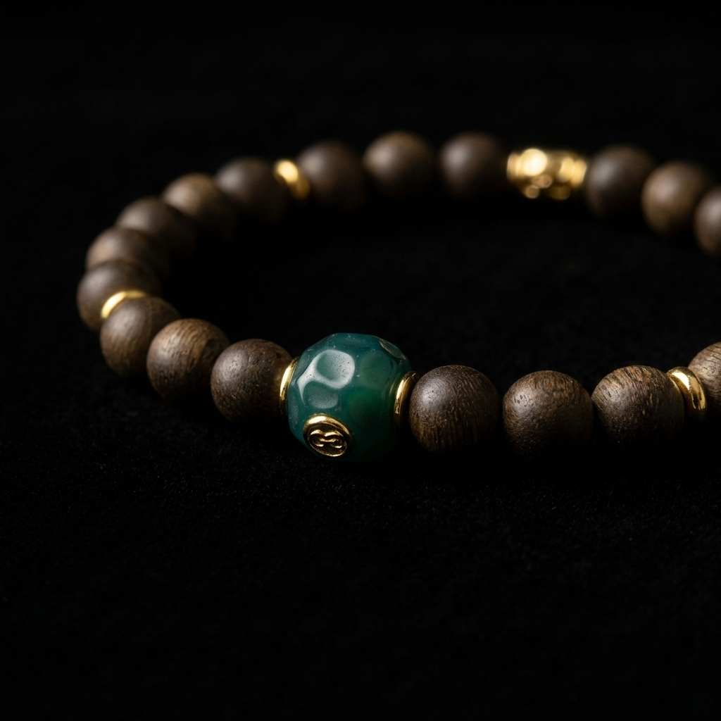 Close-up of the Agarwood focus bracelet, featuring 8.4mm dark resinous wooden beads, 18K gold spacers, and a verdant green faceted focal node with a golden emblem.