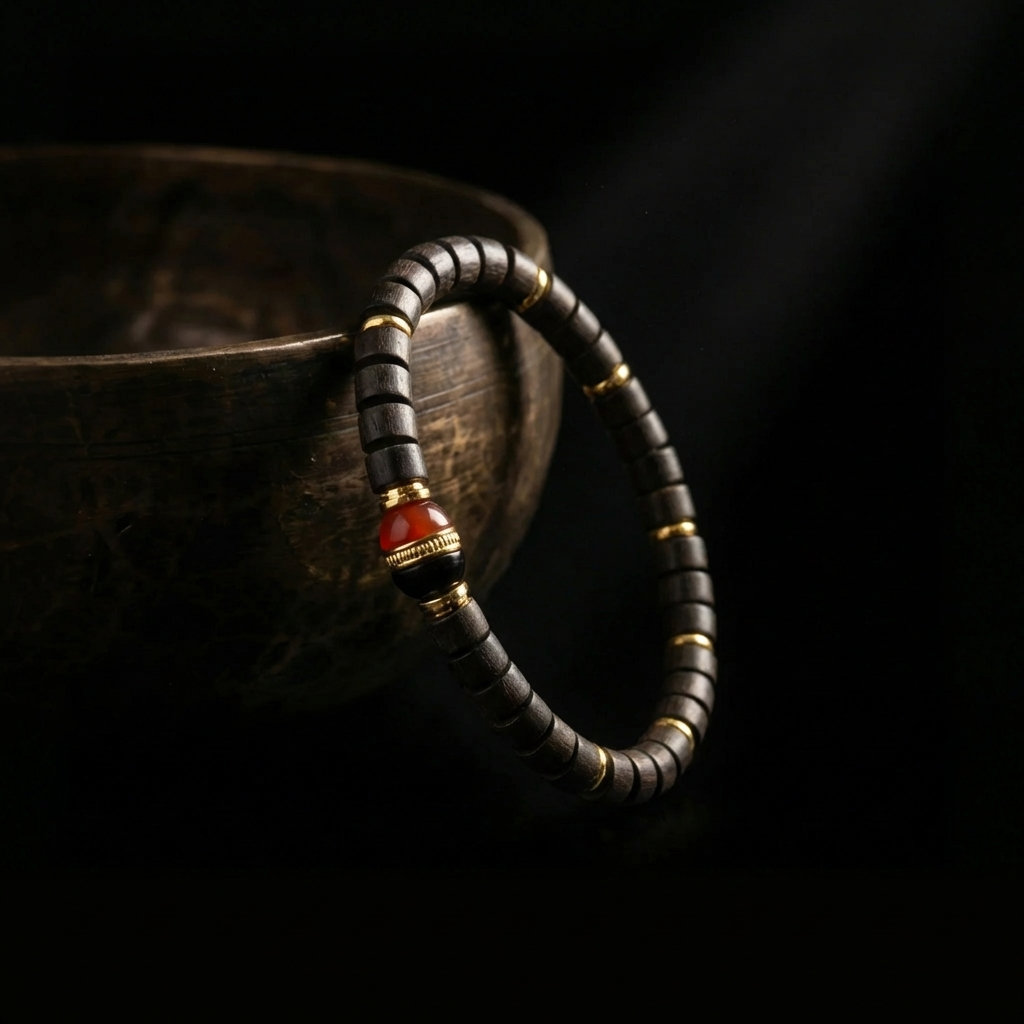 Jambhala Sandalwood and Agate mindfulness bracelet resting on an ancient singing bowl, prepared for the 1,900-meter sound purification ritual for focus.