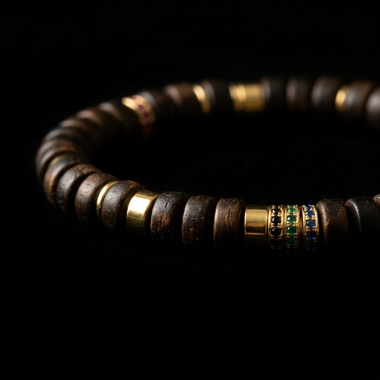 Close-up of the Sandalwood focus bracelet, featuring 7mm disc-cut dark wooden beads interspersed with 18K gold-plated bands and ornate multi-color pavé crystal rings.