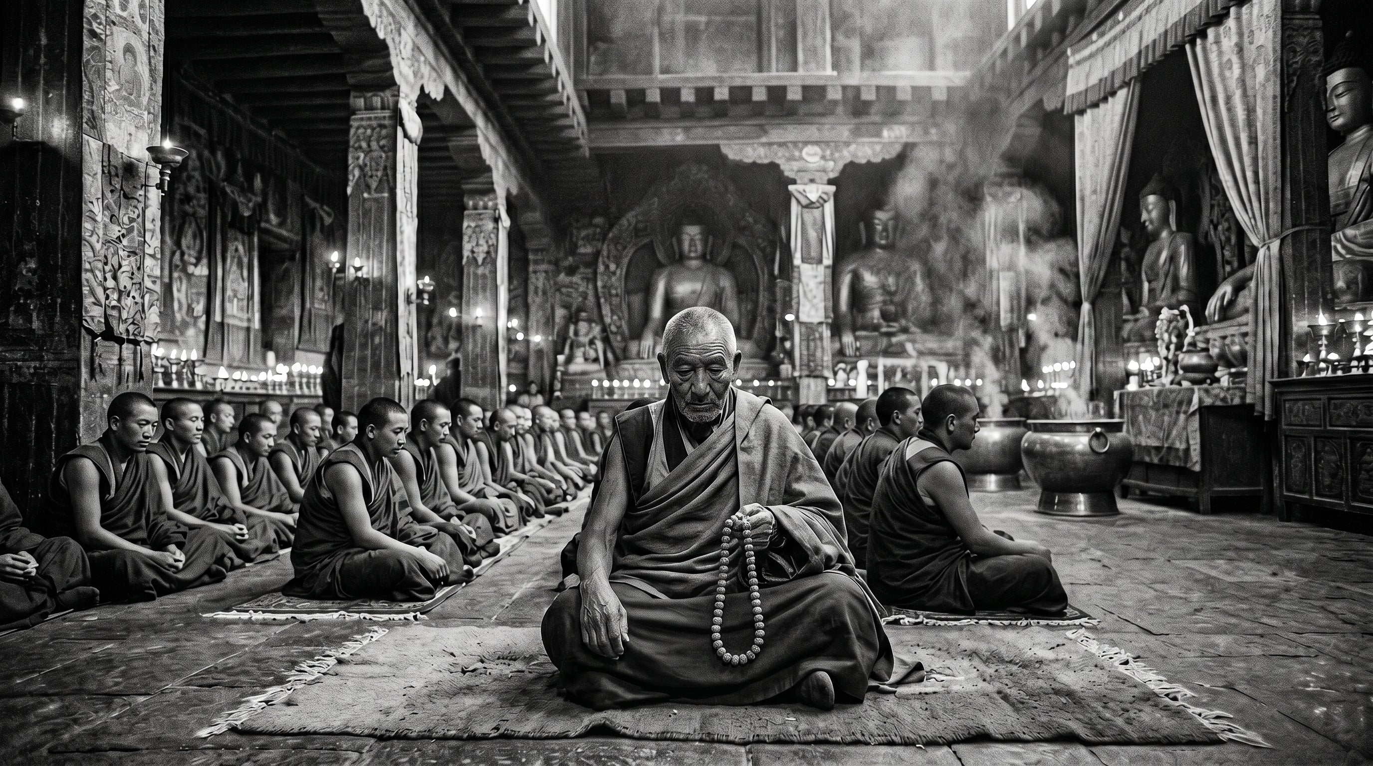 An elderly Tibetan monk meditating inside a dim Himalayan stone monastery, slowly counting a heavy string of highly textured yak bone beads.