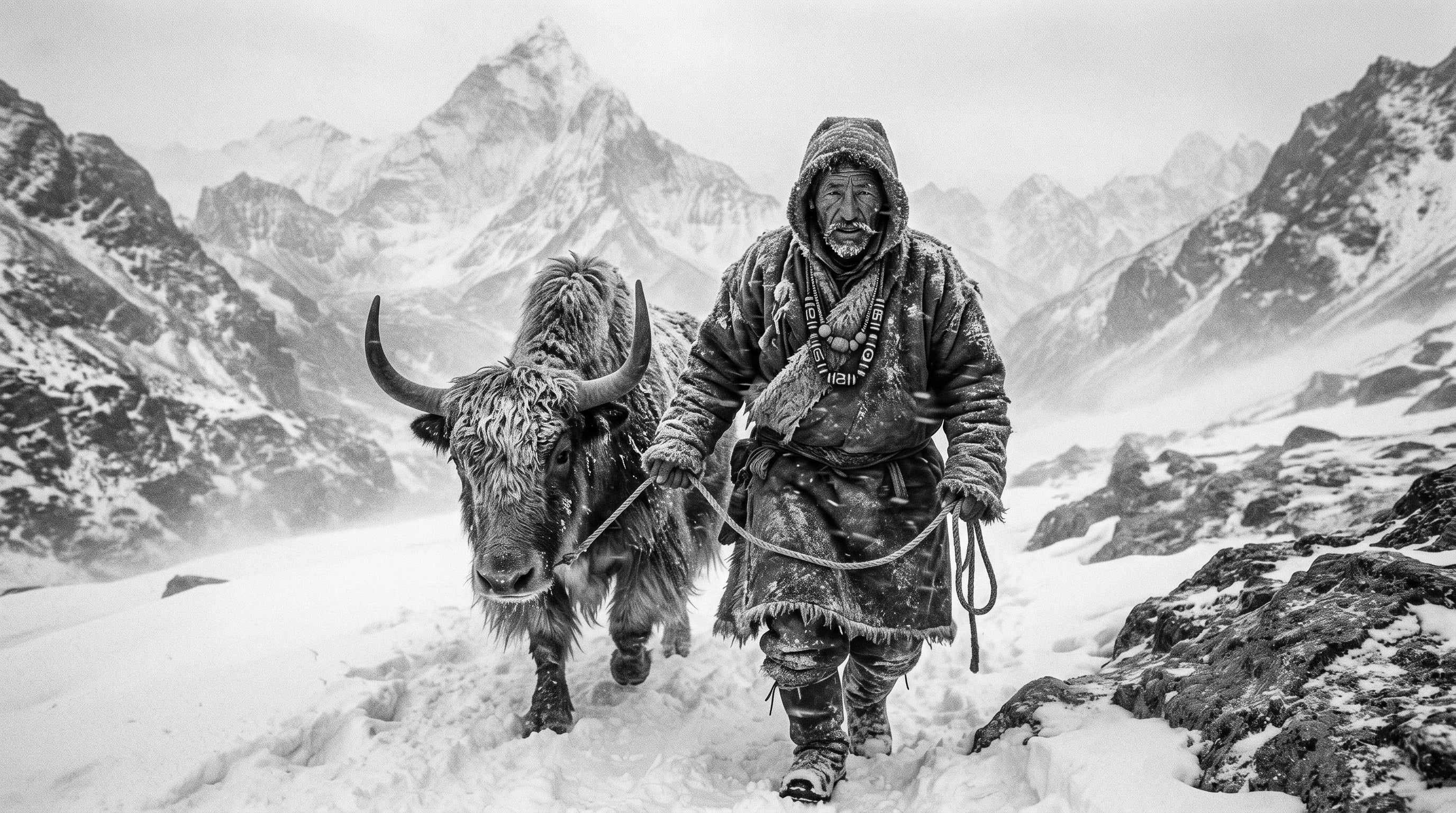 A Tibetan nomad walking through a harsh Himalayan blizzard, wearing a heavy etched agate Dzi bead necklace as a resilient physical anchor against modern chaos.
