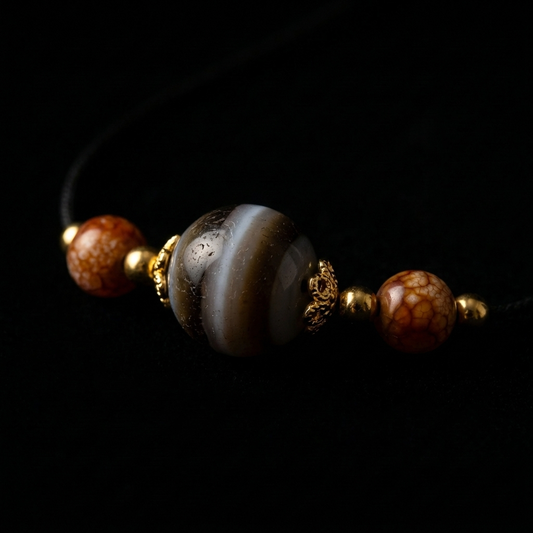 Close-up of the Banded Agate grounding necklace, featuring a 15mm focal stone with concentric stripes, flanked by reddish-brown crackled Tiger's Eye nodes and 18K gold accents.