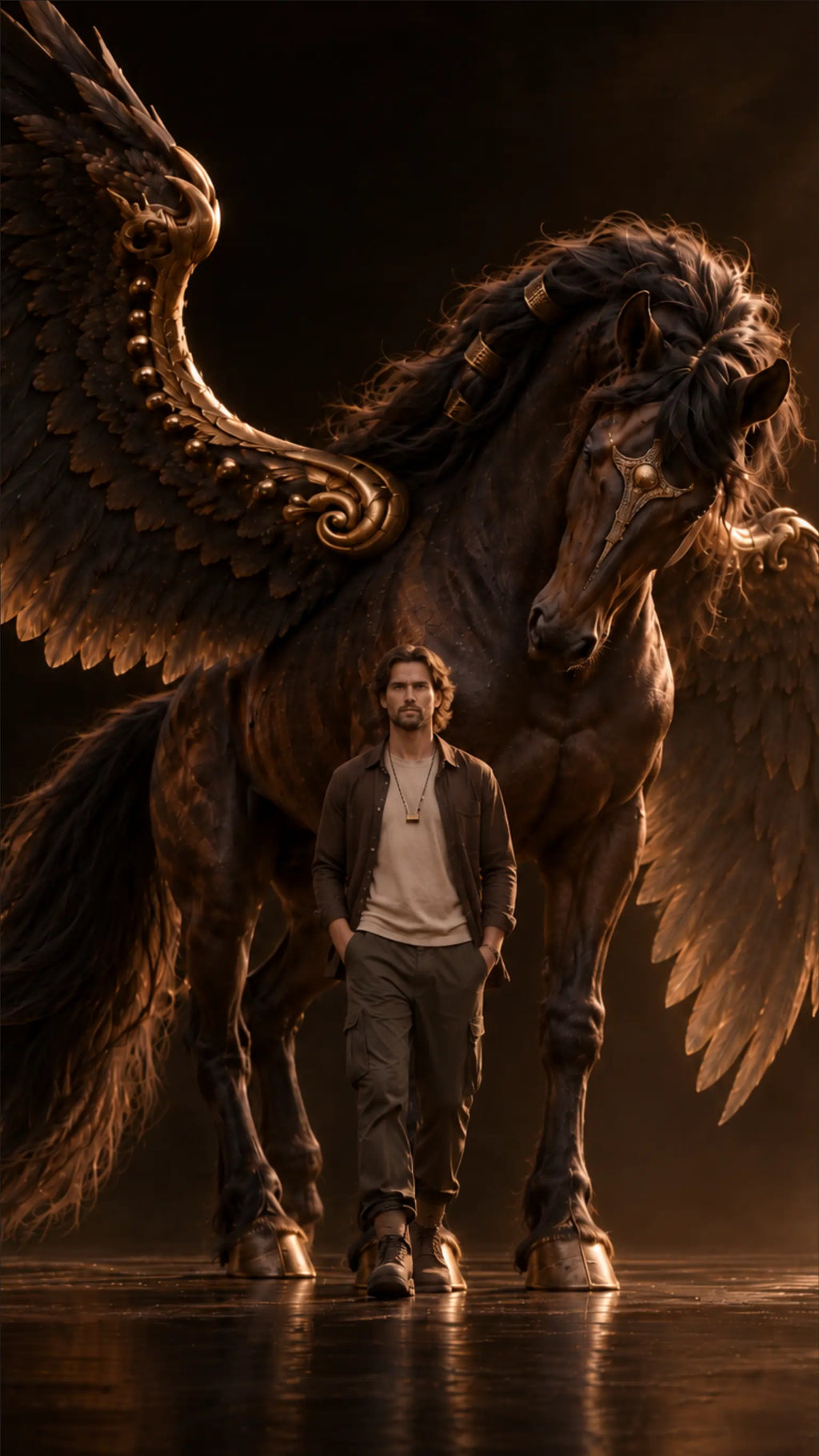 A man wearing a pendant necklace walks in front of a giant dark winged horse decorated with gold-toned ornaments against a black background.