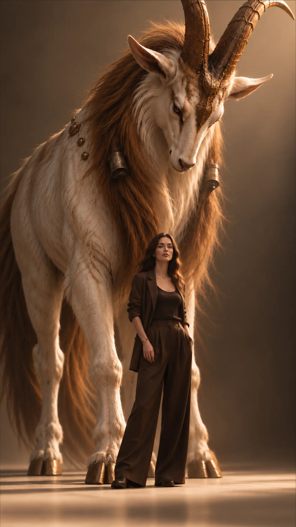 A woman in dark brown clothing wearing a slim bracelet stands before a towering pale, long-haired mythical beast with two golden horns in warm studio light.