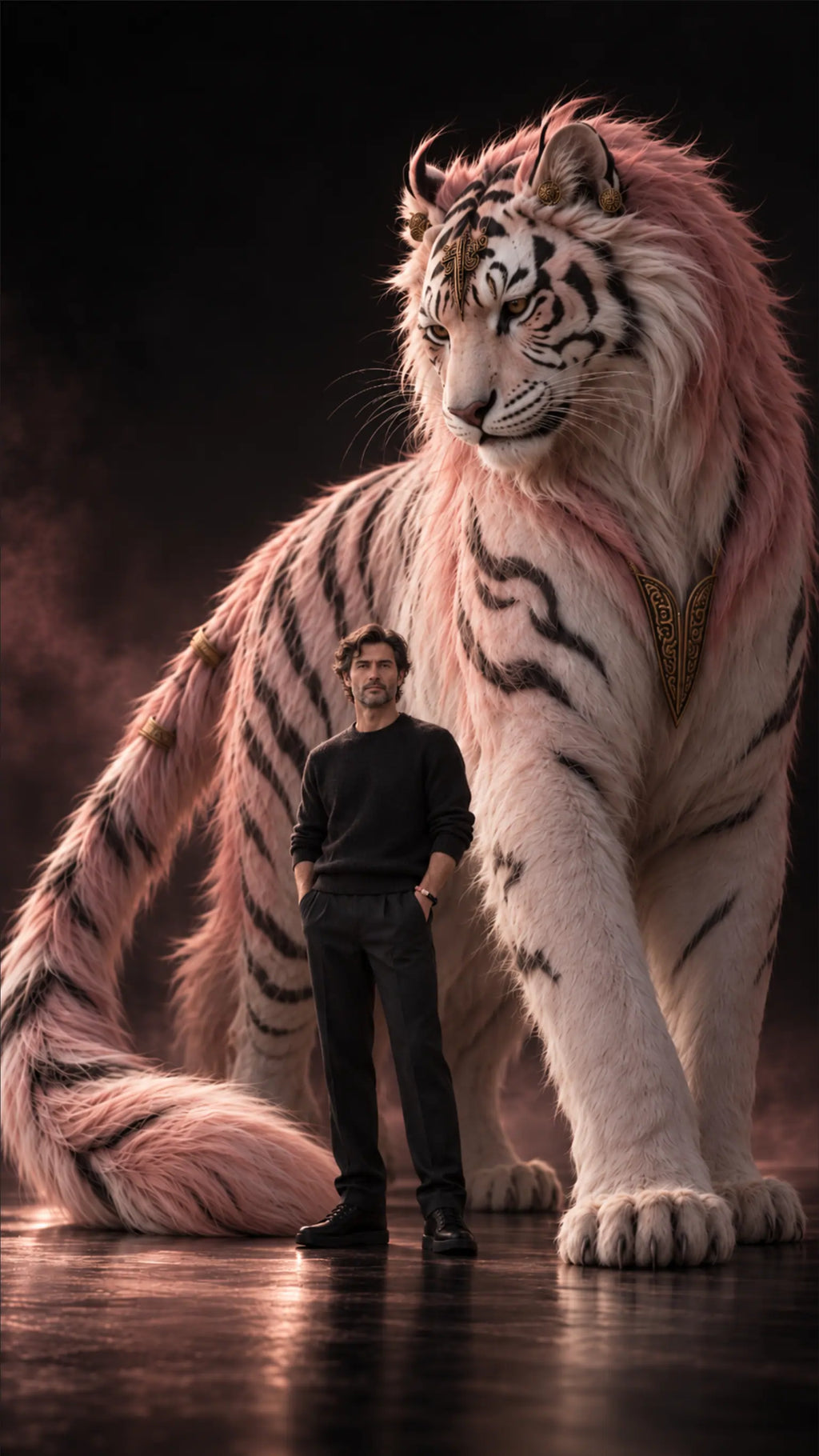 A man in dark clothing wearing a bracelet stands before a towering pink-and-white striped tiger-like mythical guardian against a dark background.