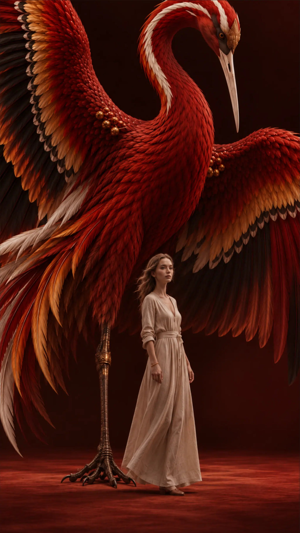 A woman in a cream dress stands beside a giant red crane-like mythical bird spreading its wings against a deep red background.