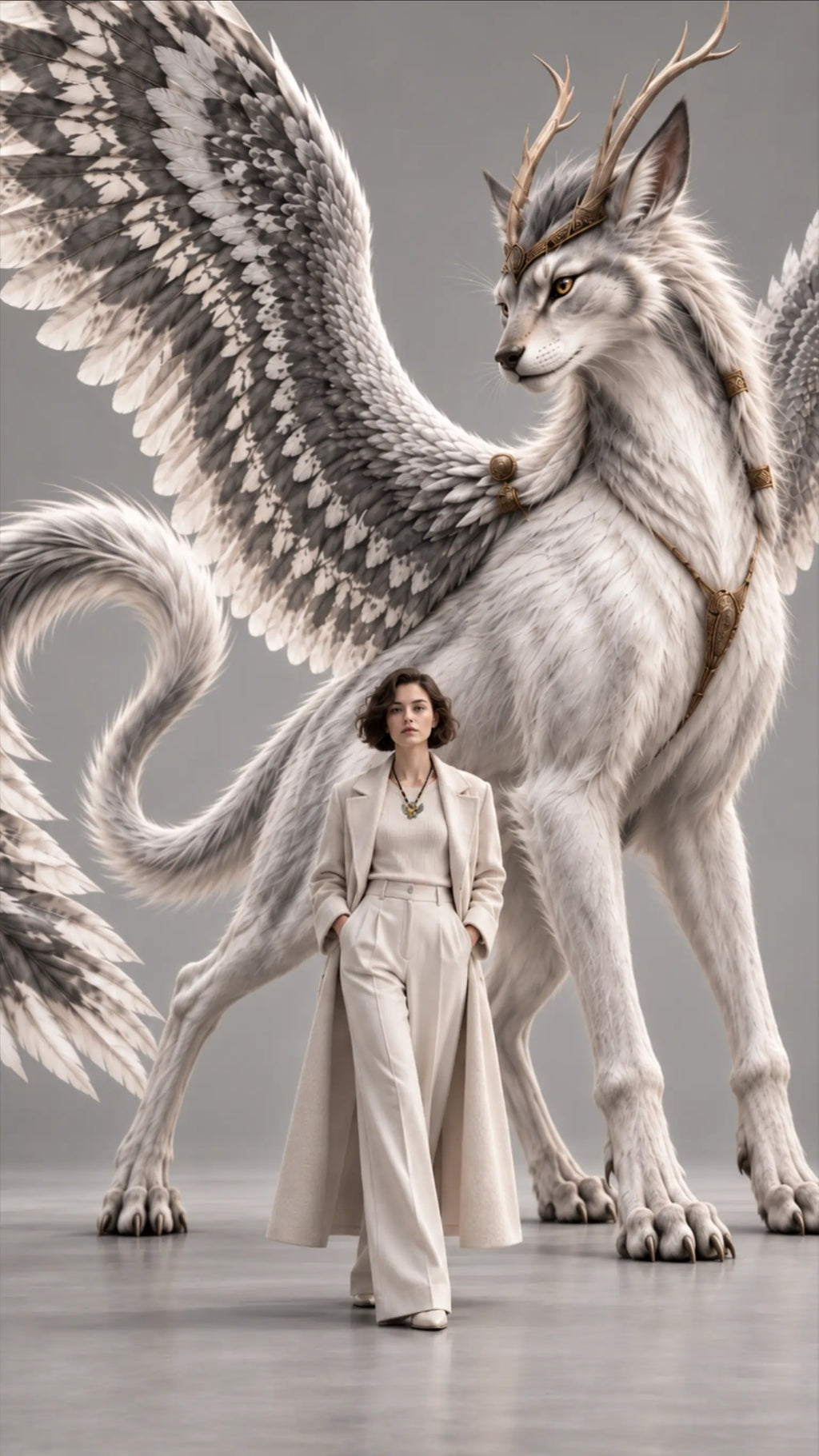 A woman wearing a pendant necklace stands before a giant white, winged and antlered mythical creature against a light gray background.