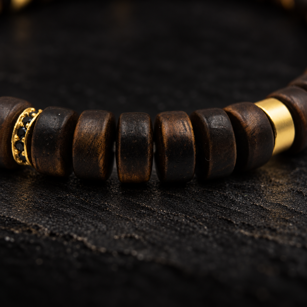 JIGUANG Sandalwood Bracelet – close-up detail on black slate background