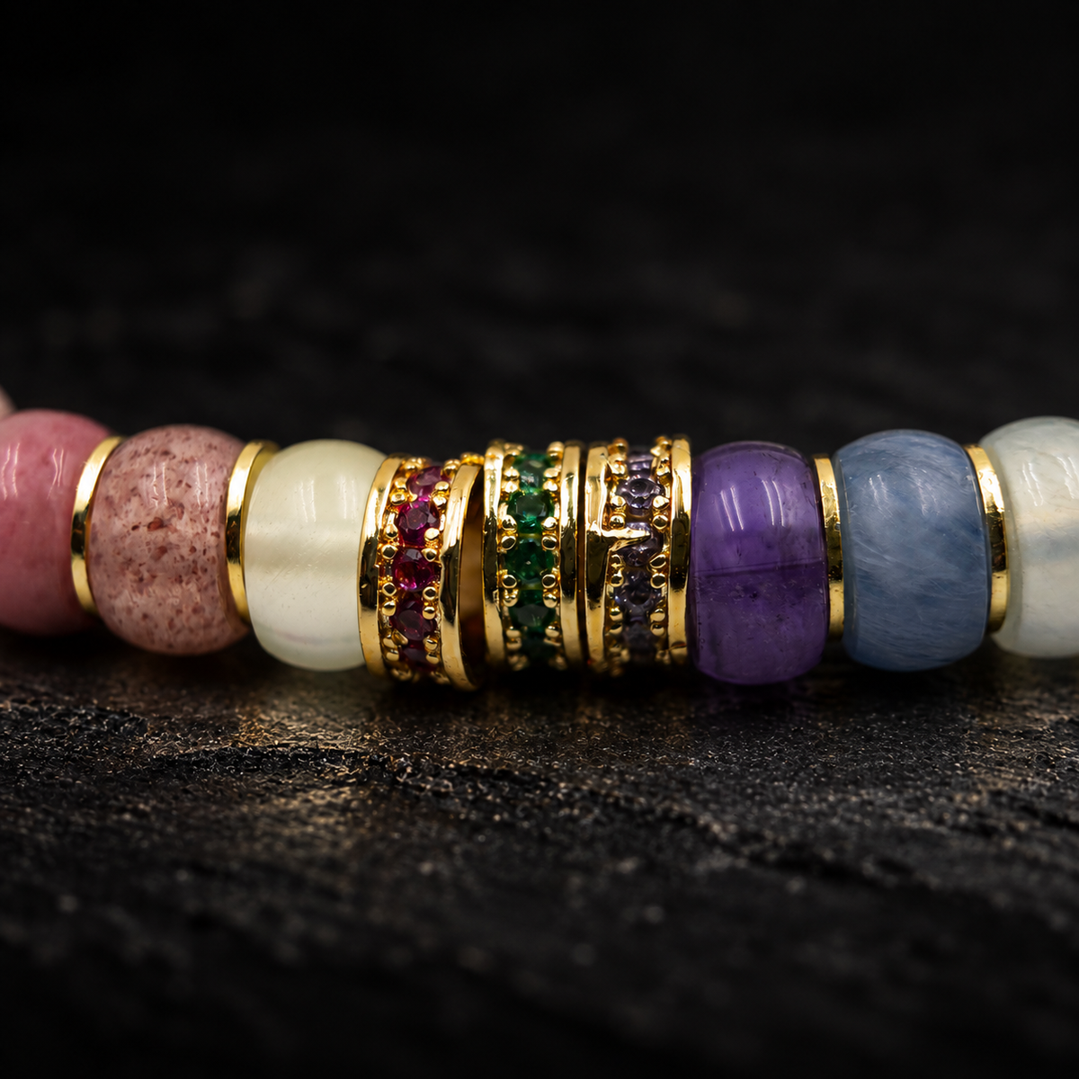 JIUSE LU Multi-Tonal Crystal Bracelet – close-up detail on black slate background