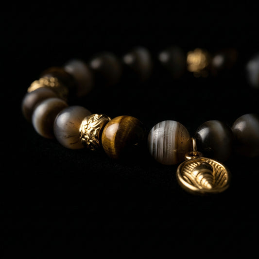 Close-up of authentic Tiger's Eye focus bracelet, featuring 8mm untreated natural stones with dynamic chatoyancy and 18K gold-plated brass hardware on a dark background.