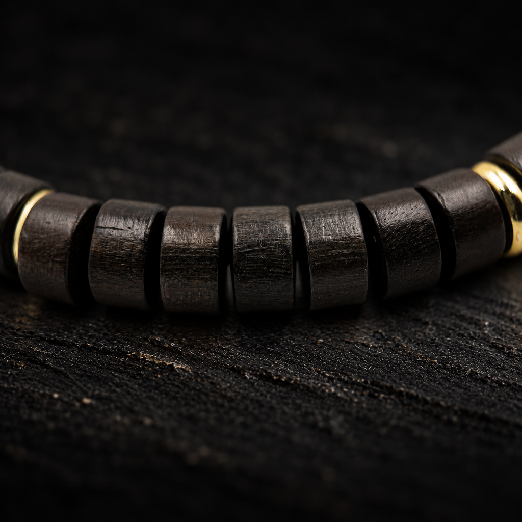 KUI Sandalwood & Agate Bracelet – close-up detail on black slate background