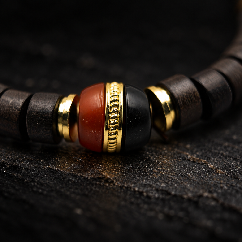 KUI Sandalwood & Agate Bracelet – second close-up detail on black slate background