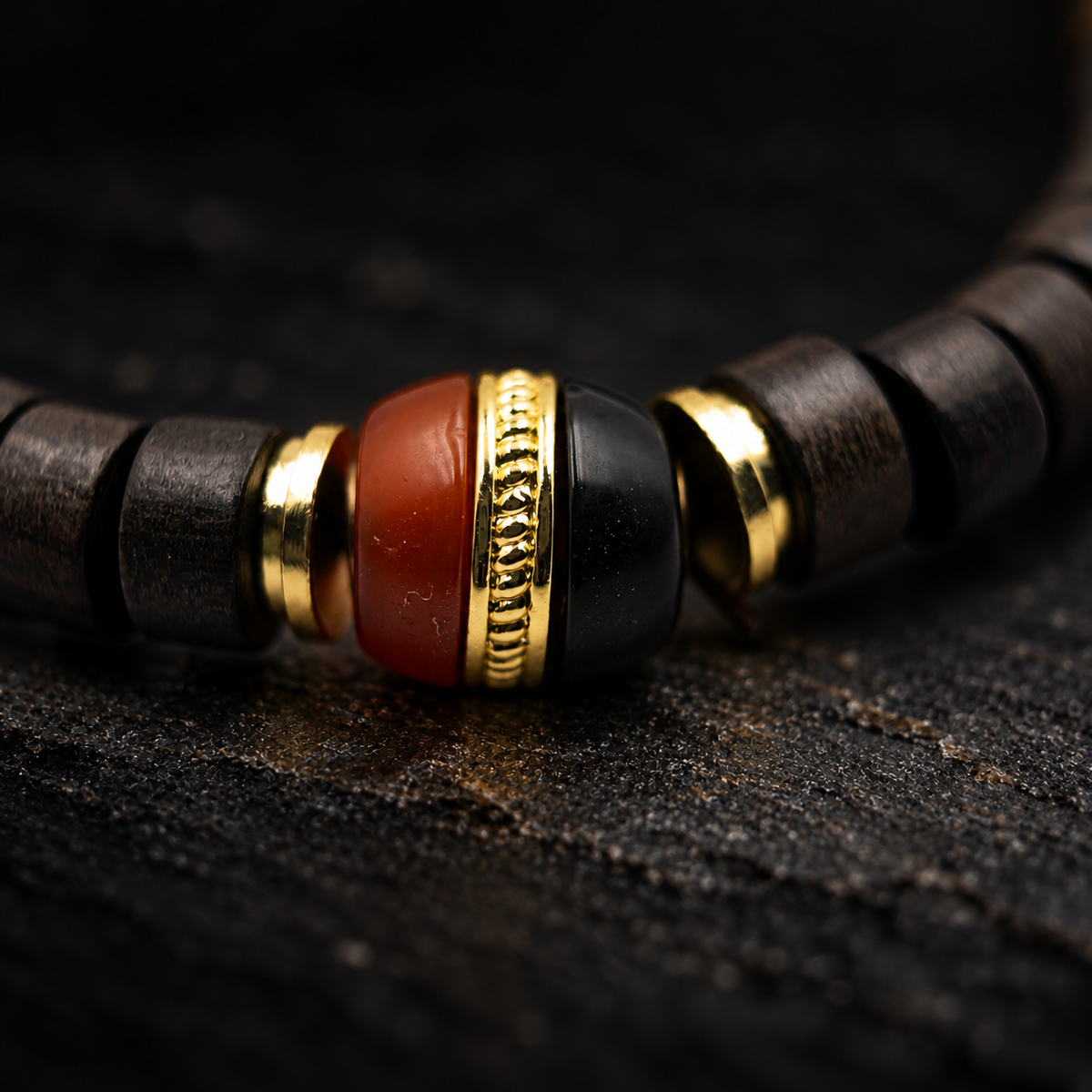 KUI Sandalwood & Agate Bracelet – second close-up detail on black slate background