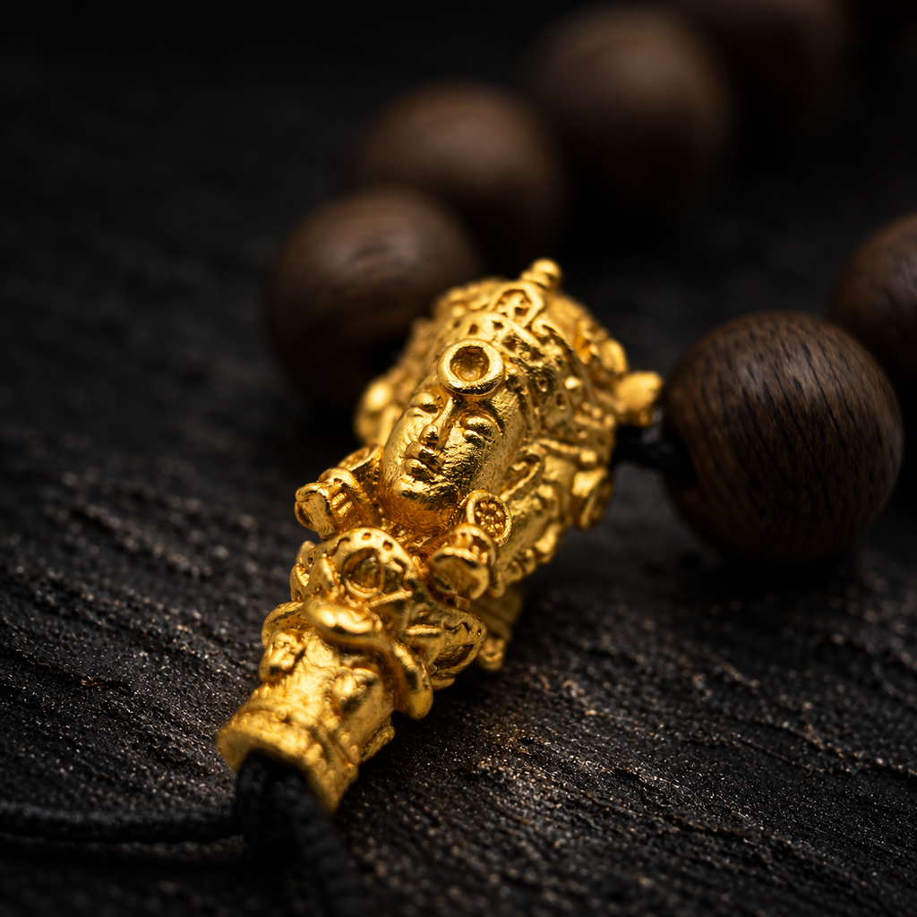 LUWU Double-Wrap Agarwood Bracelet – close-up detail on black slate background