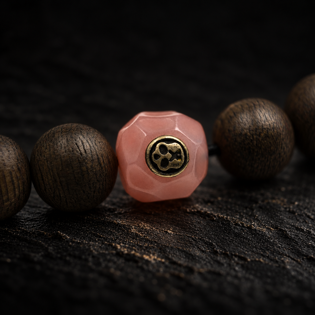 LUWU Double-Wrap Agarwood Bracelet – second close-up detail on black slate background