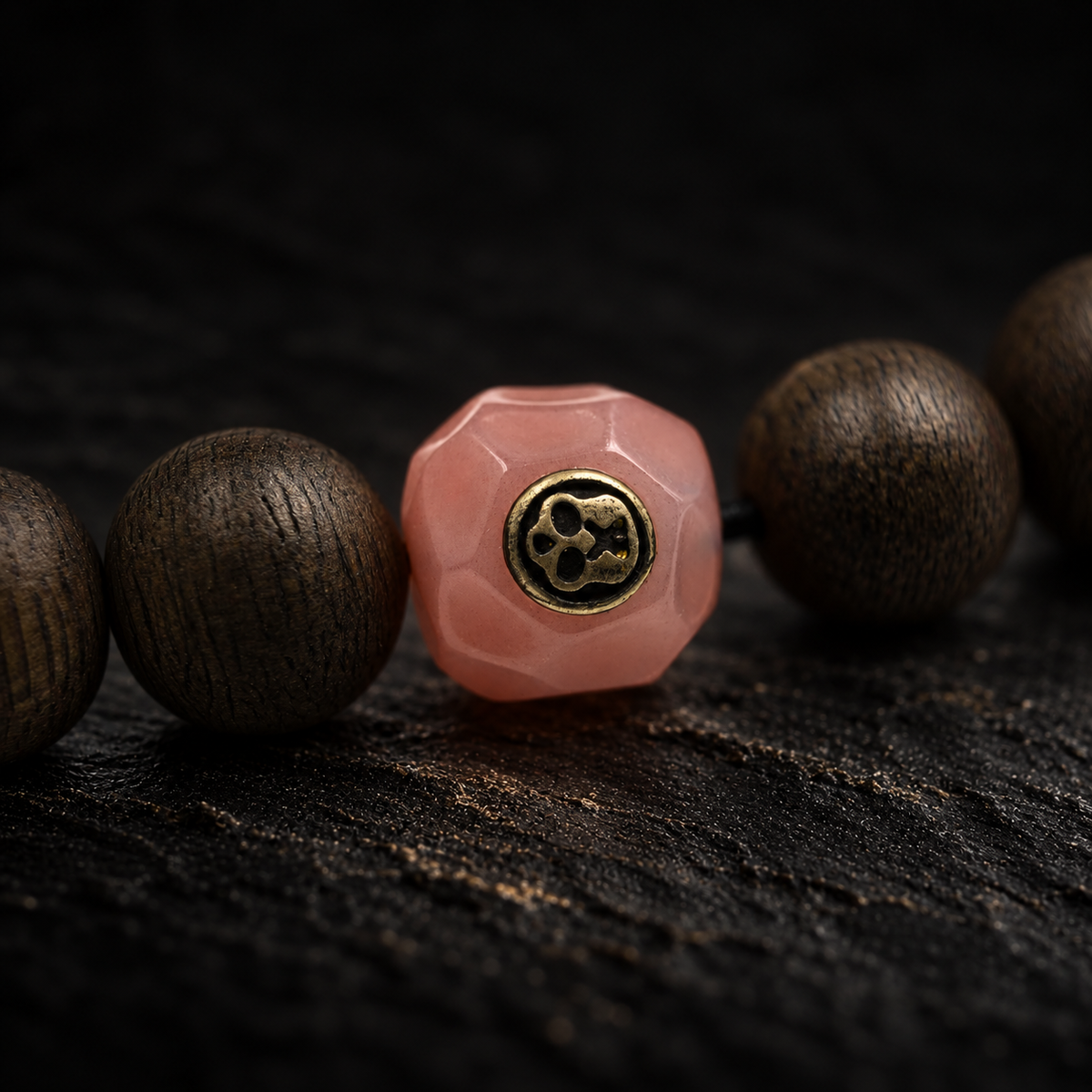 LUWU Double-Wrap Agarwood Bracelet – second close-up detail on black slate background