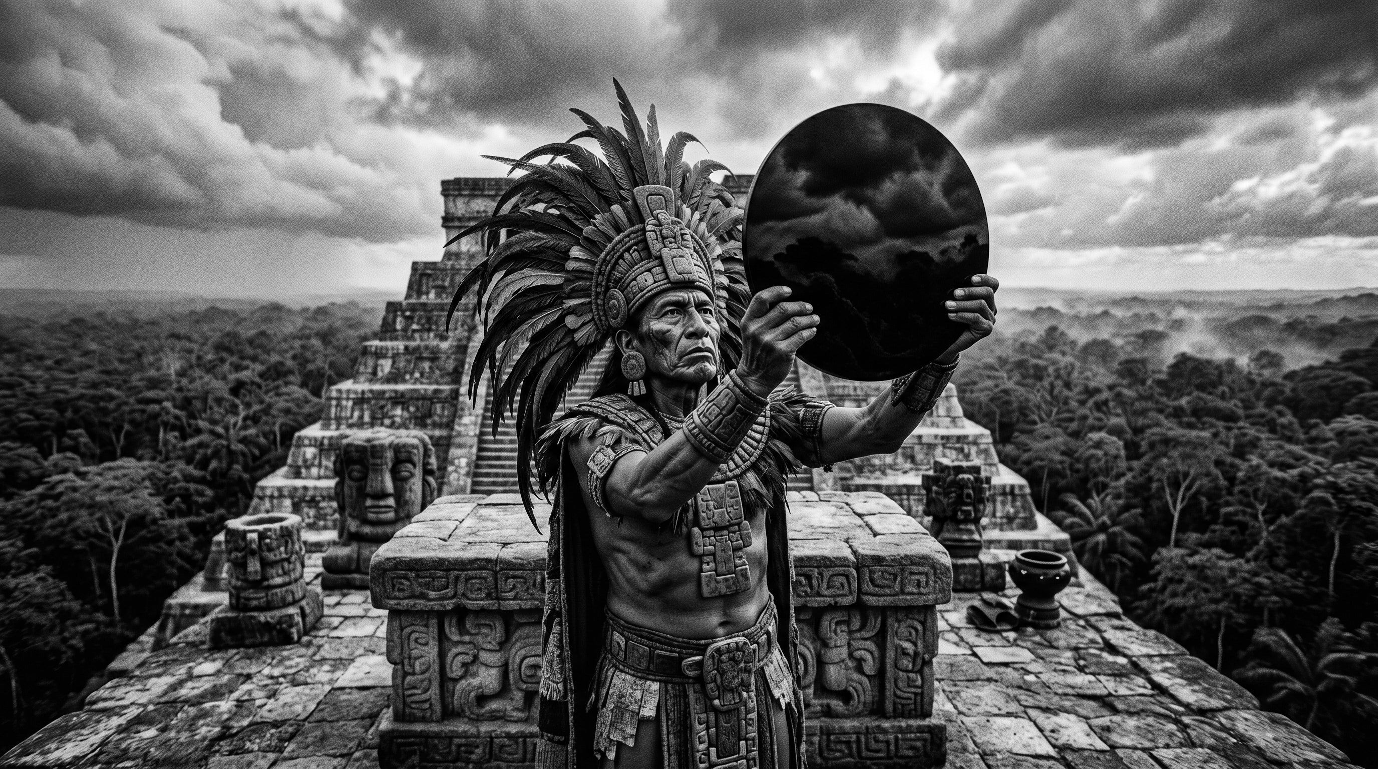 A Mayan high priest atop a Mesoamerican pyramid holding a perfectly circular, highly polished black obsidian mirror made of dense volcanic glass.