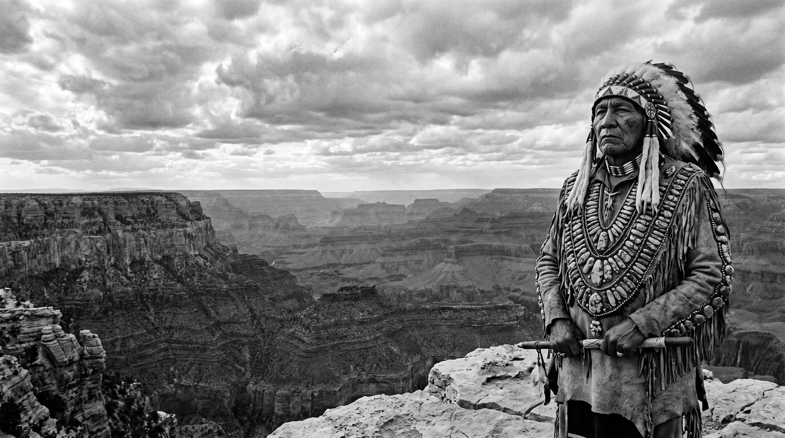 A Native American chief overlooking a vast canyon, wearing a heavy chest piece adorned with authentic natural turquoise stones featuring intricate dark matrix veins.