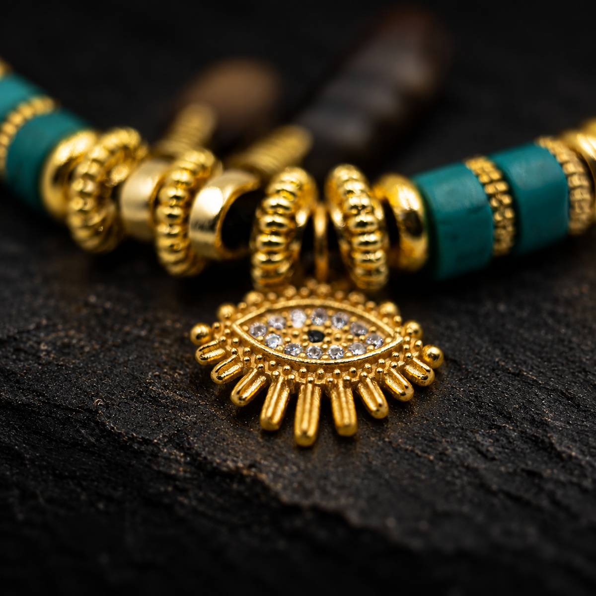 QINGLUAN Agate & Turquoise Necklace – close-up detail on black slate background