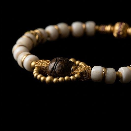 Close-up of the ethically shed antler grounding bracelet, featuring 6mm bone-white disc-cut beads, a dark carved focal stone enclosed in an 18K gold beaded halo, and a ruby-hued pavé spacer.