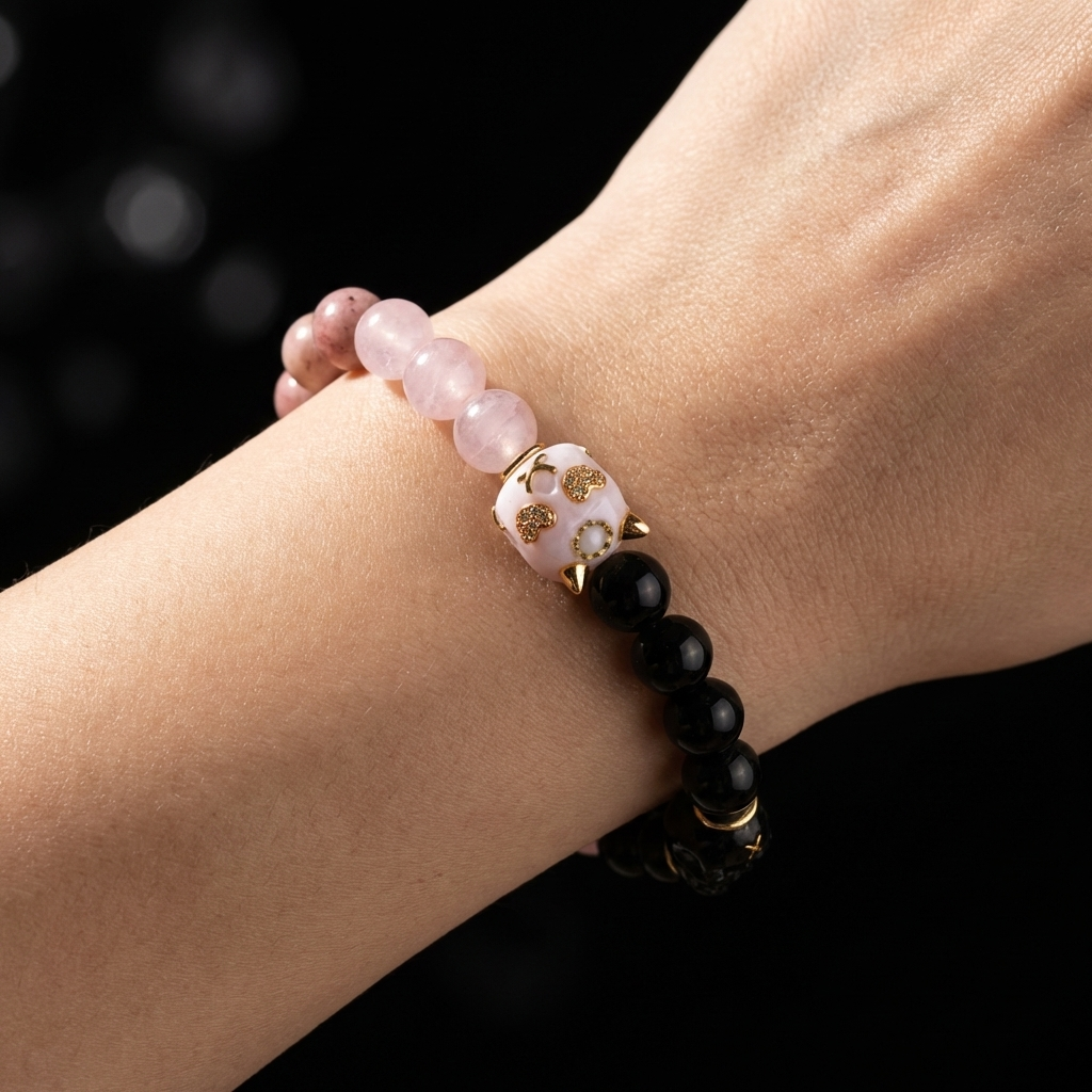 A person touching the dual-tone Obsidian and Pink Jade bracelet on their wrist, using the contrasting focal nodes as a tactile switch for shadow integration.