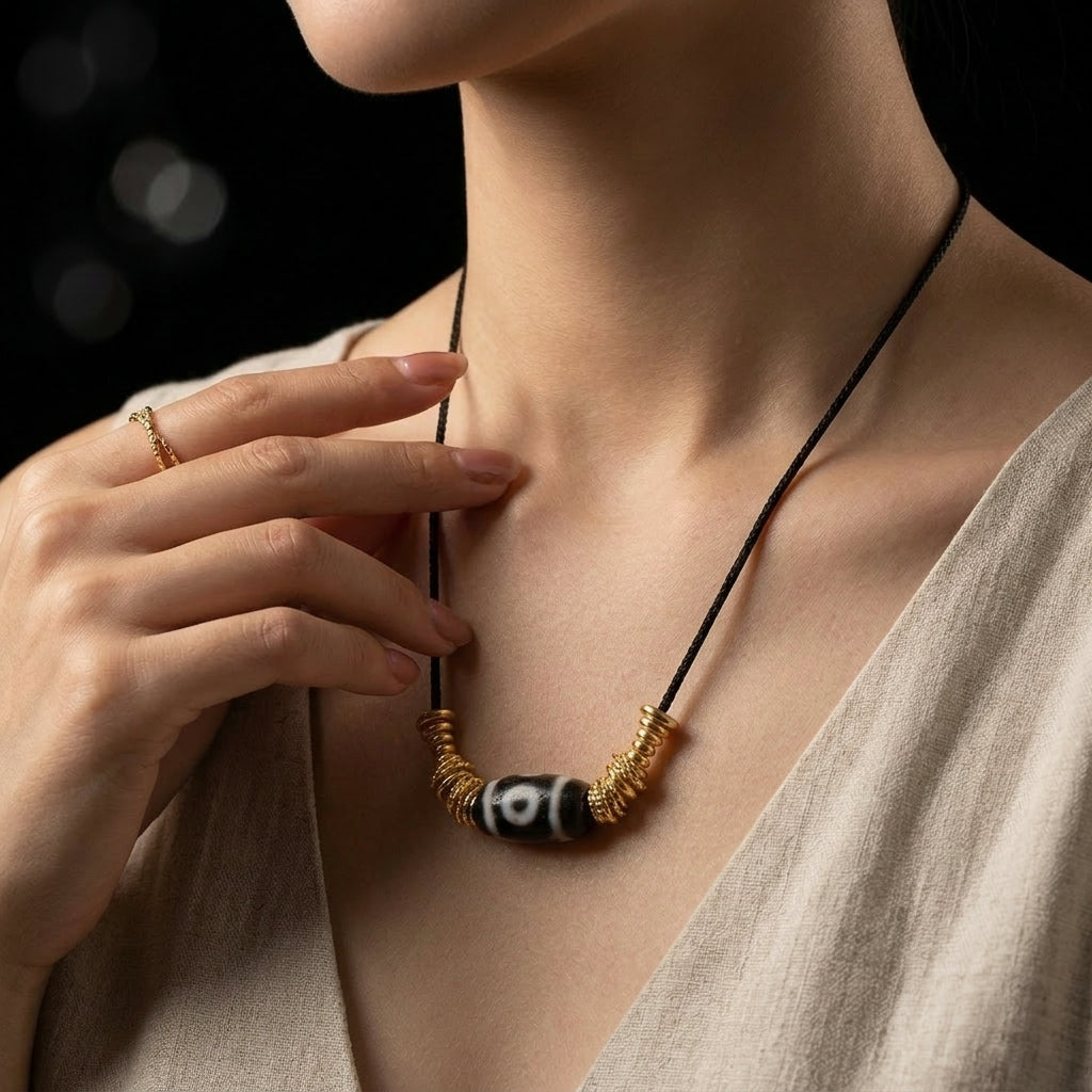 A person touching the horizontal Dzi Agate focal stone on their chest, using the grounding necklace as a tactile switch to lock single-pointed focus and collapse mental fragmentation.