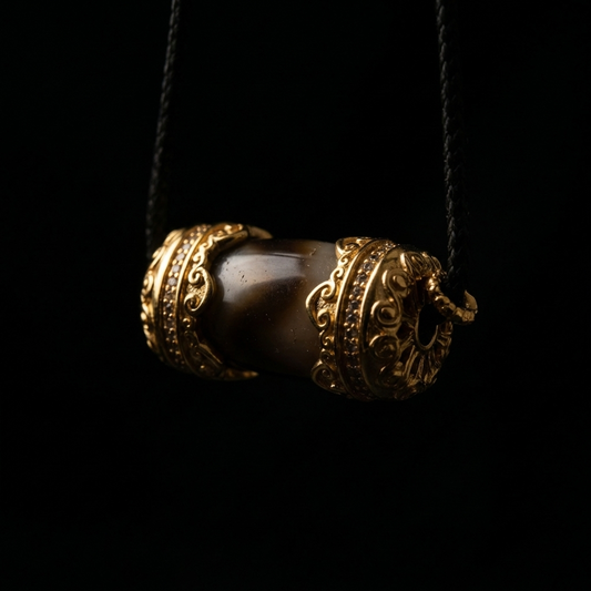 Close-up of the kinetic Dzi Agate spinner necklace, featuring a rotating 25mm banded cylindrical stone and ornate 18K gold-plated end-caps with clear pavé crystals.