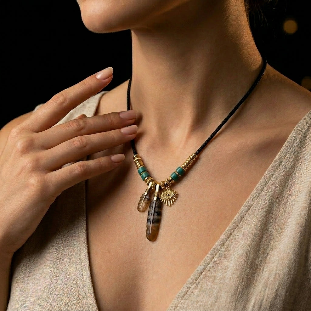 Close-up of the grounding charm necklace, featuring two hand-carved banded agate feathers, a golden sentinel eye charm with crystal accents, cylindrical turquoise beads, and 18K gold-plated ribbed spacers.