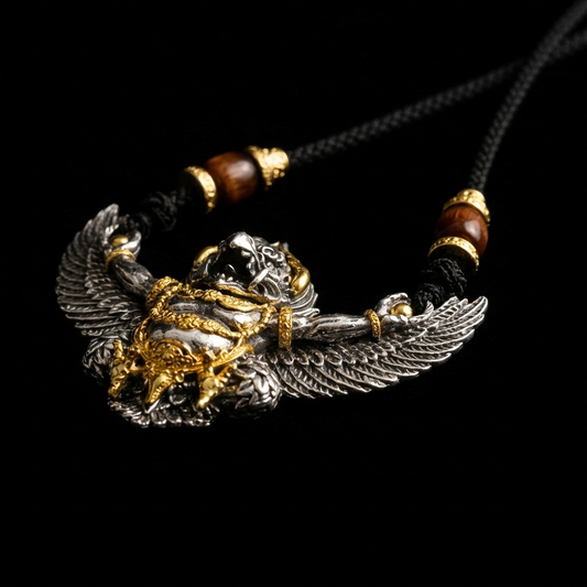 Close-up of the antiqued silver Garuda pendant necklace, featuring a 62.8mm winged deity with 18K gold accents, agate beads, and an artisan woven tether.