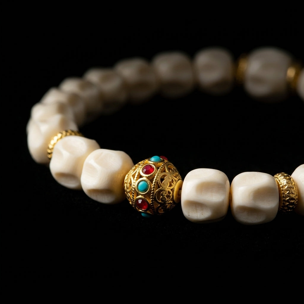 Close-up of the naturally shed antler grounding bracelet, featuring carved 10mm organic beads and an ornate 18K gold-plated focal node with turquoise and red inlay.