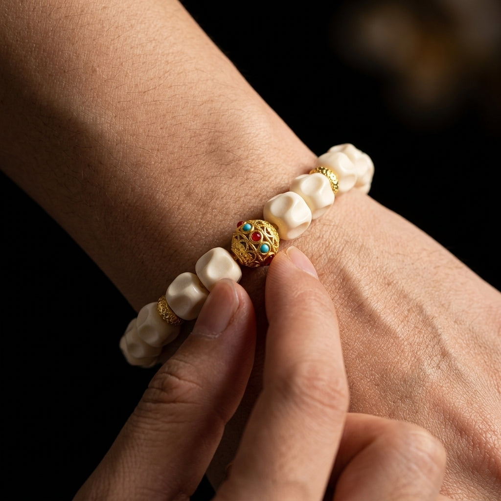 A person touching the carved shed antler grounding bracelet on their wrist, using the organic porous texture as a physical override to stop constant acceleration.
