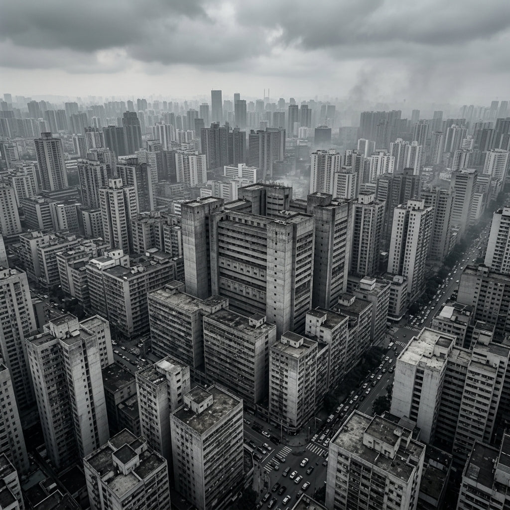 Black and white photograph of a dense concrete city under an overcast sky. A visual representation of sensory overload and the relentless noise of modern life, illustrating the everyday burnout our physical grounding anchors are designed to cut through.