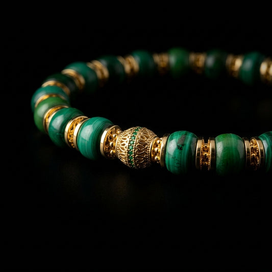Close-up of the Malachite renewal bracelet, featuring 8.3mm precision disc-cut green stones with concentric banding, 18K gold filigree spacers, and an ornate focal node.
