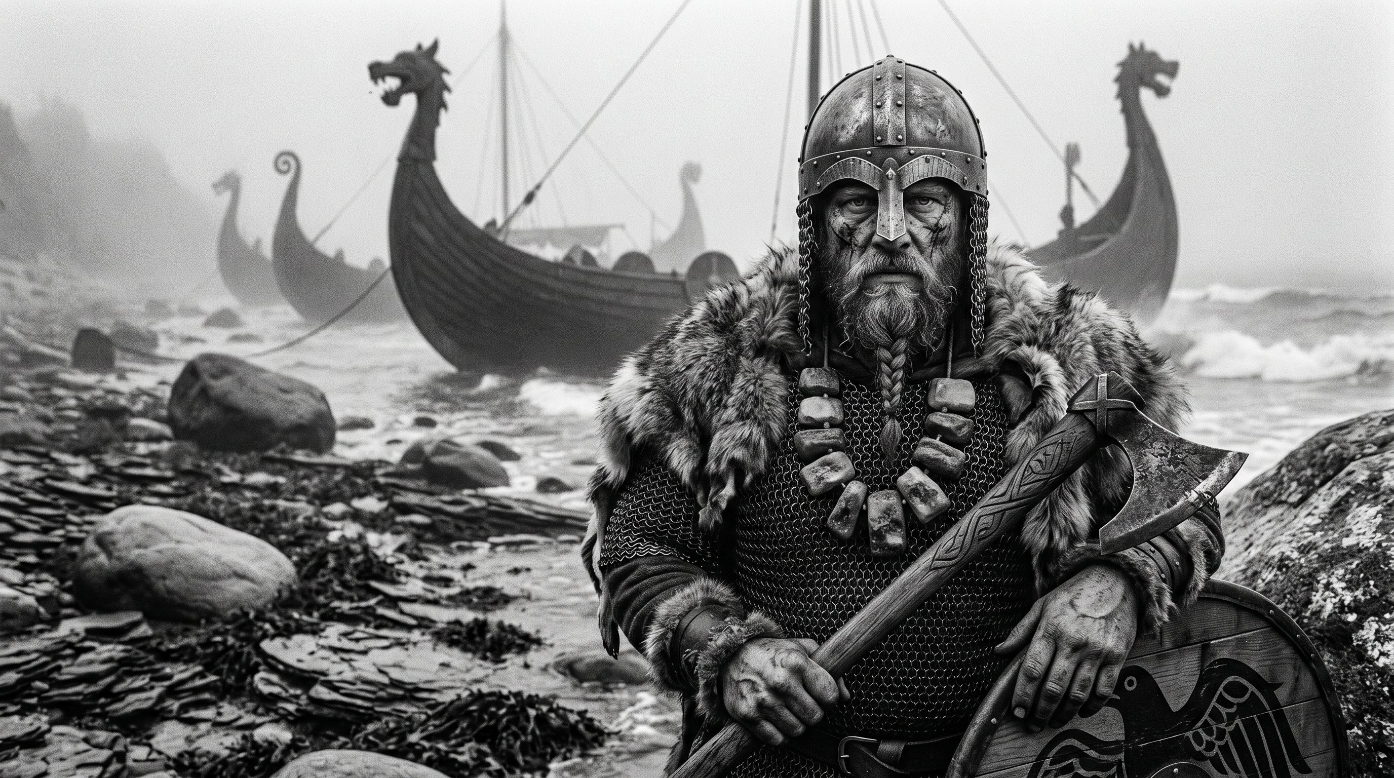 A Viking chieftain standing on a foggy Baltic shore, wearing a heavy necklace made of raw, unpolished fossilized amber resin for profound grounding.