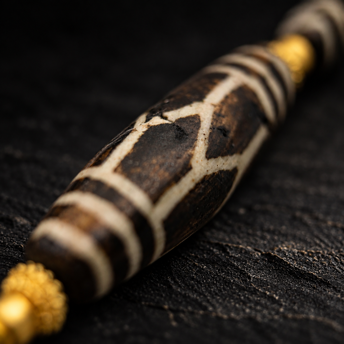 YINGLONG Petrified Pumtek & Agate Necklace – close-up detail on black slate background
